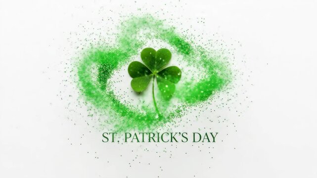 Growing green glitter around a clover for St. Patrick&rsquo;s Day celebration and Irish luck concept