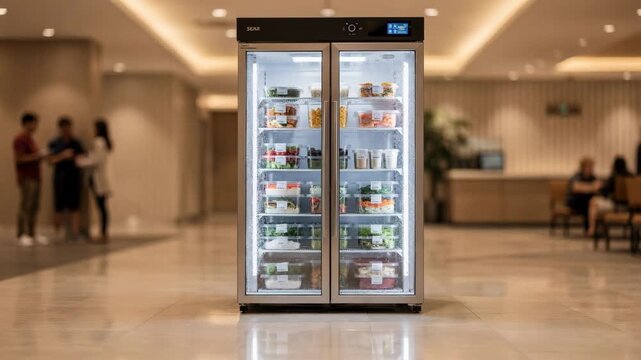 Indoor foyer view capturing a sleek pickup locker dispensing chilled prepackaged food main locker front panel crisp and sharp soft bokeh on waiting customers.