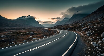 Winding Road Through Majestic Mountains at Sunset, Scenic Landscape