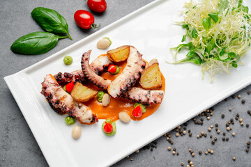 Seafood dish with octopus served on a white plate with vegetables and greens. Octopus is carefully arranged on a white plate with small vegetables and greens on the side. © white78