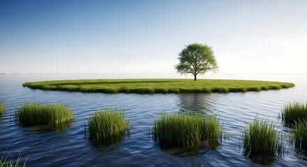 Idyllic Island in Calm Waters - Serene Tree on Horizon, Nature Landscape