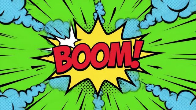 Comic book style explosion sound effect boom with green background and blue smoke clouds