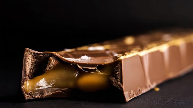 macro product shot of bitten chocolate bar with flowing caramel center, glossy milk chocolate shell with cracked shards on top, rich golden caramel stretching inside bite, isolated  4K