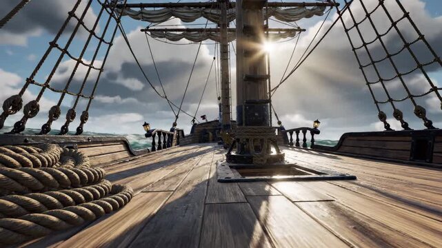 View from the bow of a pirate ship deck with rigging and cloudy sky