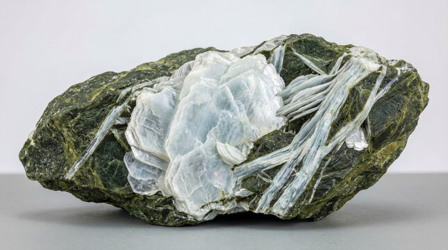 White lamellar aggregate of brucite crystals embedded in dark green serpentinite rock.