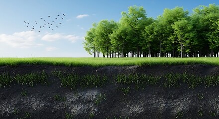 Cross Section of Earth with Trees and Birds - Nature, Environment, Ecology, Clean Air