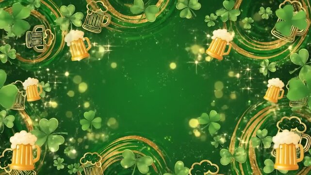Green background with shamrock, beer mug, and golden swirl decoration for St. Patricks day greeting card or celebration design