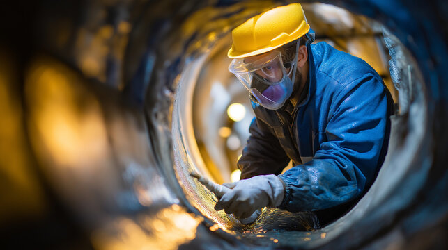 Dedicated worker in full protective gear operating industrial cleaning machine inside large concrete sewer pipe tunnel industrial sanitation work operations confined space
