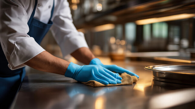 Professional chef wearing blue nitrile gloves meticulously cleaning and sanitizing gleaming stainless steel kitchen counter surface commercial kitchen hygiene excellence