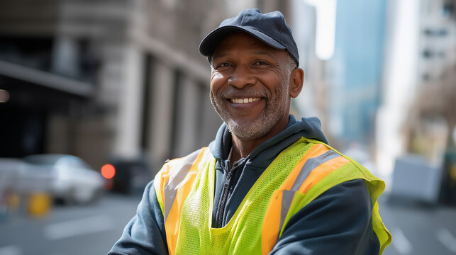 Genuinely smiling middle aged sanitation worker wearing city uniform bright safety vest and cap standing proudly public service employee portrait outdoor work dedication urban