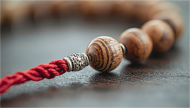 Sacred Mala Beads: A close-up shot of a meticulously crafted mala bead necklace, showcasing the natural texture and patterns of the wooden beads and the vibrant red thread.