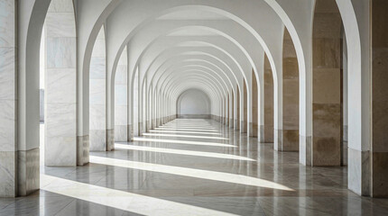 Obraz premium Mosque Architectural Elegance: A symmetrical corridor of arches creates a sense of depth and perspective, and the play of light and shadow enhances the architectural features
