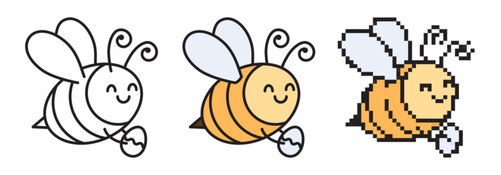 Easter bee icon set featuring linear vector with editable stroke, colorful fill, and retro pixel art styles. Cute bumblebee with Easter egg. Spring holiday character collection. Clean flat design.