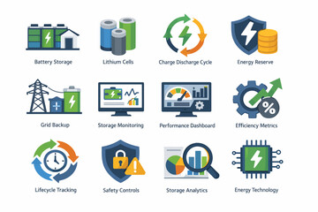 Energy technology icons featuring battery storage and performance dashboards
