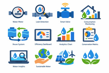 Smart water management icons: efficiency, conservation, and sustainability