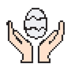 Fototapeta premium Pixel art Easter egg held by hands. Retro 8-bit vector illustration featuring a decorated egg and palms in pastel colors, symbolizing care, spring tradition, and seasonal rebirth.