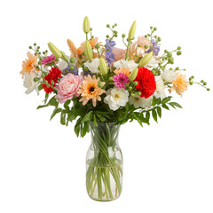 Colorful Bouquet of Flowers in Glass Vase on a Plain Background