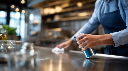 Unrecognizable restaurant employee in professional attire carefully applying hospital grade sanitizing spray on gleaming stainless steel kitchen surfaces food safety management