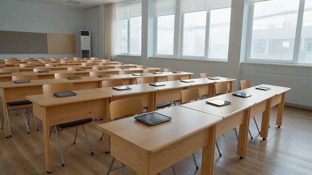 Empty classroom with wooden desks and tablets
