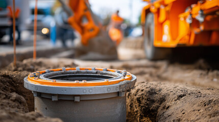 Complex underground sewer pipe repair and municipal water supply system maintenance operation exposed drainage infrastructure concrete installation pit excavation heating season