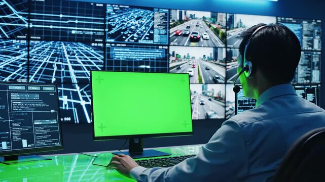 Security operator monitoring traffic and data on multiple screens with a green screen monitor