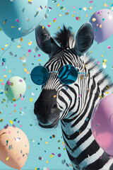 Obraz premium Funny striped zebra wearing sunglasses holding happy birthday balloons and confetti explosion flying around greeting card invitation on blue background with copy space.