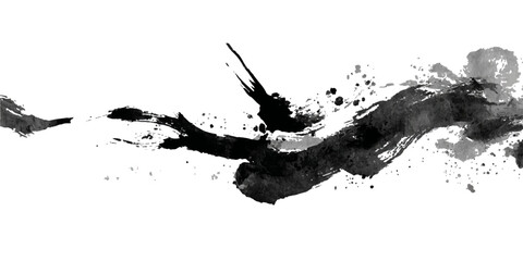 Dynamic black ink splash and splatter abstract art on white background