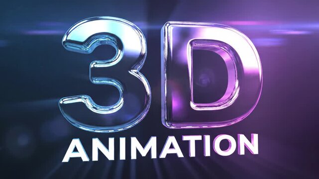 Shiny chrome 3d animation text logo with lens flare on dark background