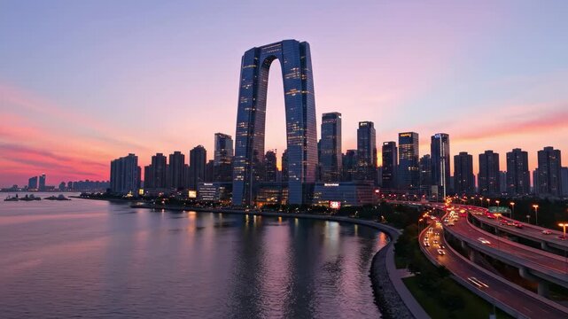Suzhou gate to the east gate of the orient skyscraper skyline at sunset over the water with highway traffic
