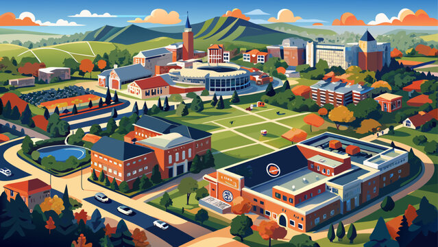 Very beautiful aerial view of Auburn University and the surrounding town in Alabama, highlighting a harmonious blend of academic buildings, urban planning, and Southern American university life.