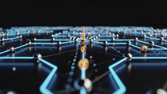 Digital network flow with glowing gold cryptocurrency coins on dark background