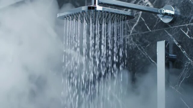 Modern square rain shower head with water flowing against dark marble wall