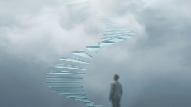 霧の中へ続く透明な階段が示す成長の軌跡