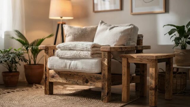 Medium shot of reclaimed wood furniture arranged in a cozy reading corner with plush cushions in sharp detail and softly blurred ecofriendly decor around.