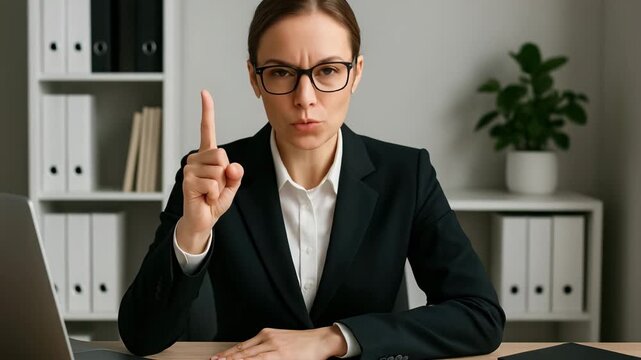 Angry, strict female boss in black suit scolding someone, wagging finger in NO or LISTEN gesture. Disapproval, leadership, management issues, workplace conflict. Authority, discipline, strict rules