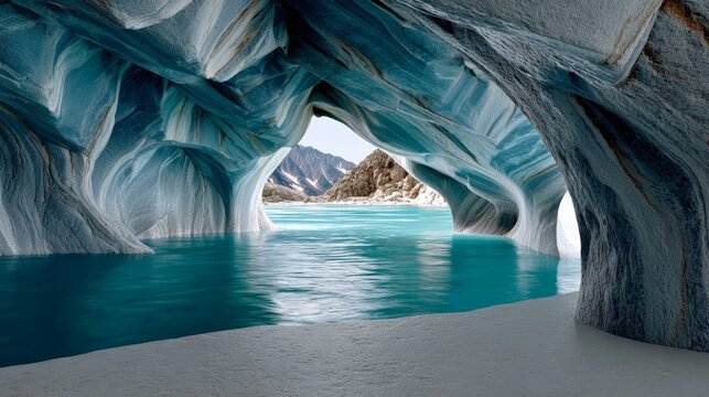 Colorful marble caves with intricate patterns and turquoise water in Chile's Patagonia region, showcasing unique geological formations and scenic mountain views