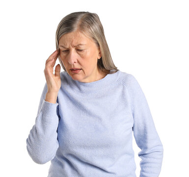 Amnesia. Senior woman trying to remember something on white background