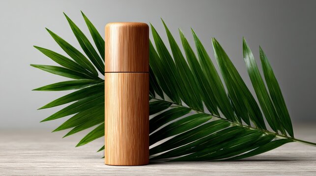 Wooden chapstick container mockup placed on a palm leaf, showcasing natural materials and soft lighting in a modern, ultra-photorealistic studio setting