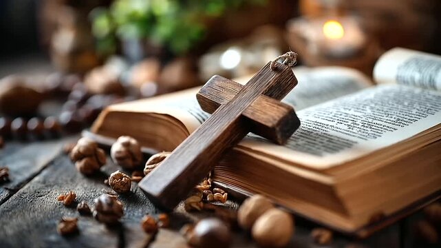 Small wooden cross and religious text verse, faceless devotional still life, faith symbol arrangement, spiritual meditation scene, sacred elements composition, with copy space