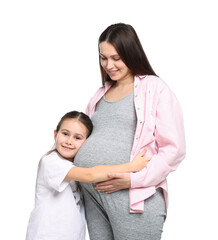 Pregnant woman and her daughter on white background