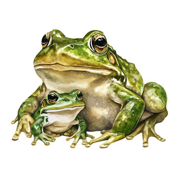 watercolor graphic of A Mother Bullfrog With Her Kid, isolated on a white background.
