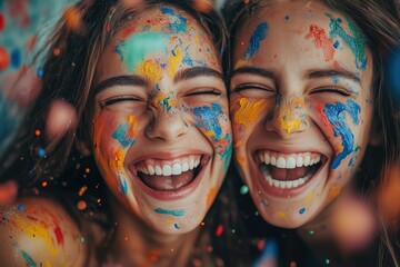 Obraz premium happy friends celebrating with colorful paint