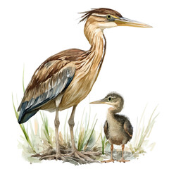 A Mother Bittern With Her Kid, charming watercolor vector with soft tones and graceful design, isolated on a white background.