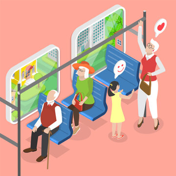 3D Isometric Flat Vector Illustration of Courteous Kid, Young Girl Shows Respect By Offering Seat To Elderly Woman