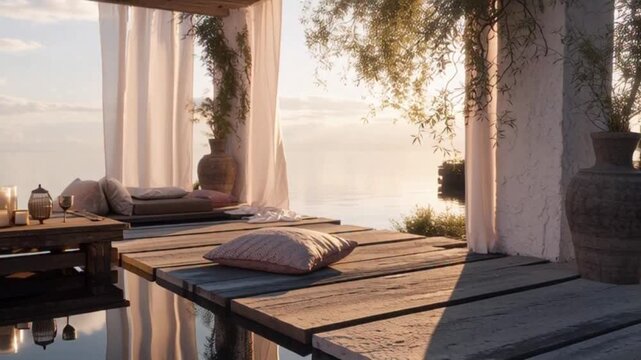 Minimalistischer Boho-Au&szlig;enraum im Goldenen Licht &ndash; Ruhe, Wasser und Reflexion