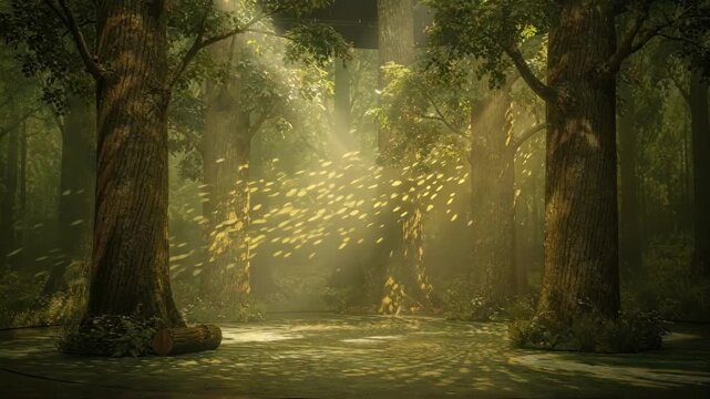 Medium shot showcasing a forestthemed set where detailed printed trees are complemented by dynamic glowing leaf patterns projected to simulate wind.