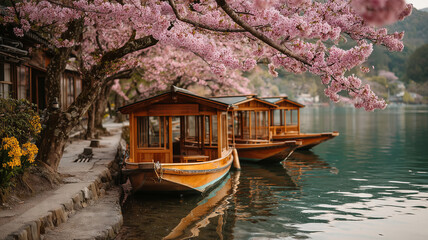 Boats drift serenely beneath cherry blossoms in Kyoto's tranquil waters