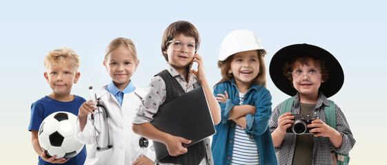Obraz premium Choice of future profession. Happy children dressed as workers in different occupations. Gradient background