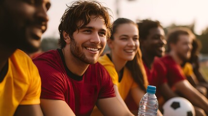 A group of people in sportswear sit on a bench, smiling and relaxed. One person holds a soccer ball, and there's a water bottle in the foreground. The setting is outdoors