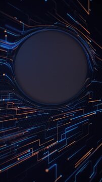 Futurist 3D circuit board background with fast moving blue and amber nodes streaming digital data.. This modern technology vertical background is a seamless loop with copy space for logo or text.